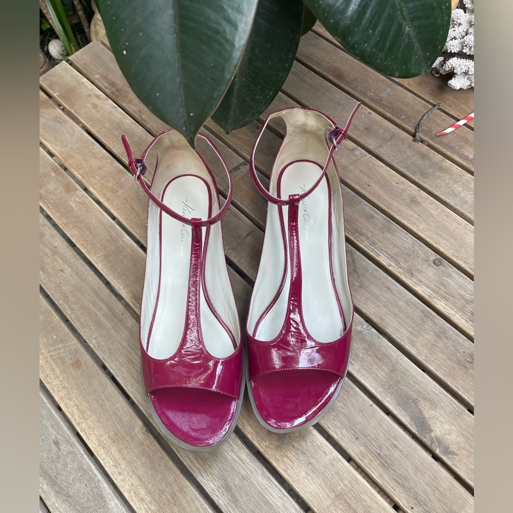 Patent leather dark fuschia, t-bar sandals.